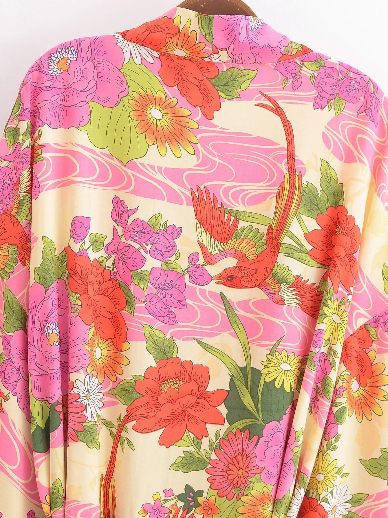2024 BOHO Orange Flower Bird Print Long Kimono Shirt Ethnic Lacing up Sashes Midi Long Holiday Cardigan Robe Loose Blouse Tops