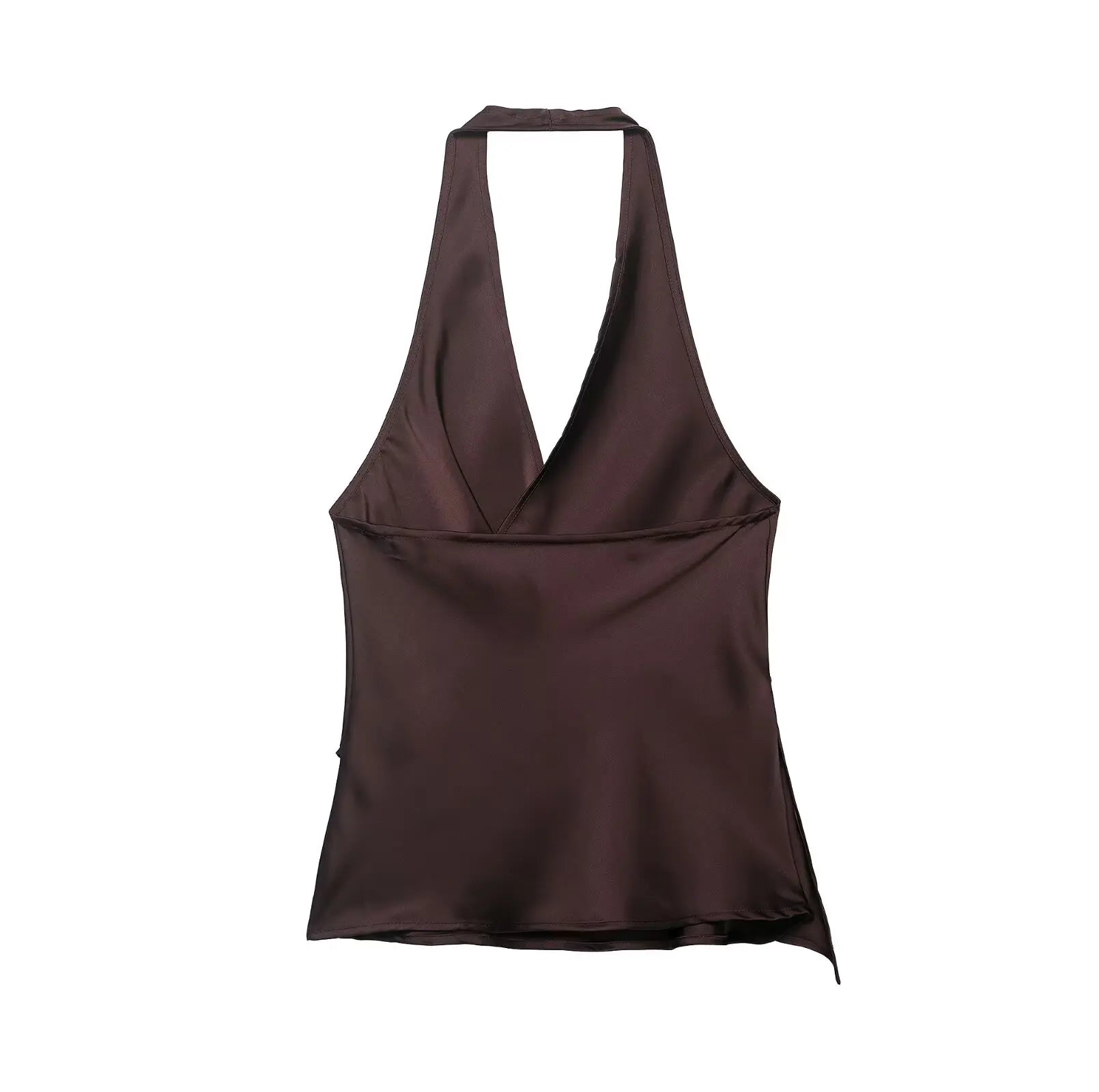 4 colors Sexy Ruched Cross Front Satin Halter Tank Top Women One Button Side Asymmetric Camisole Camis Crop Tee Brown Lavender
