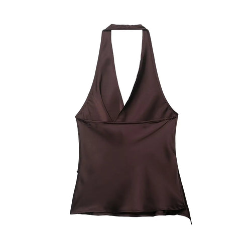 4 colors Sexy Ruched Cross Front Satin Halter Tank Top Women One Button Side Asymmetric Camisole Camis Crop Tee Brown Lavender