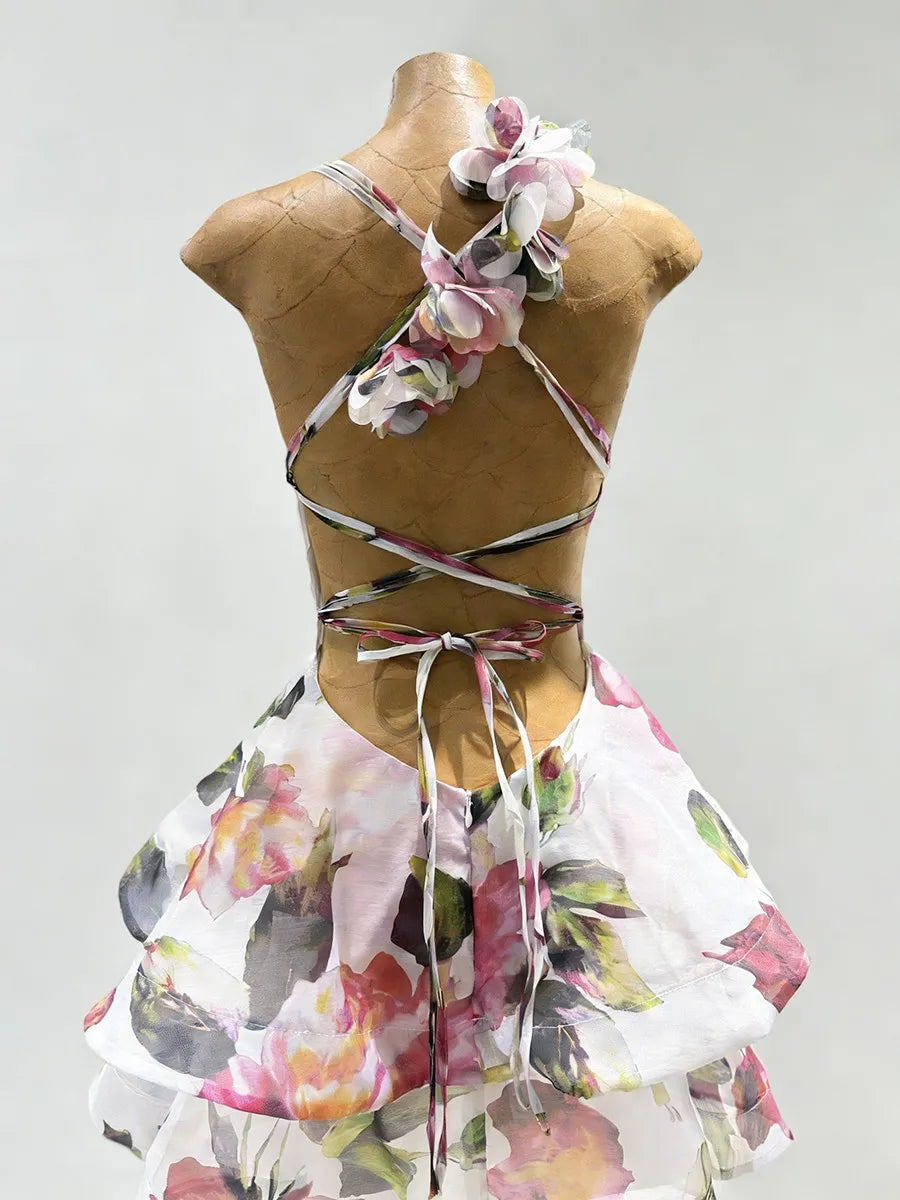 TWOTWINSTYLE Printing Spliced 3D Flower Sexy Dresses for Women V Neck Sleeveless Backless Patchwork Ruffles Fashion Dress Female