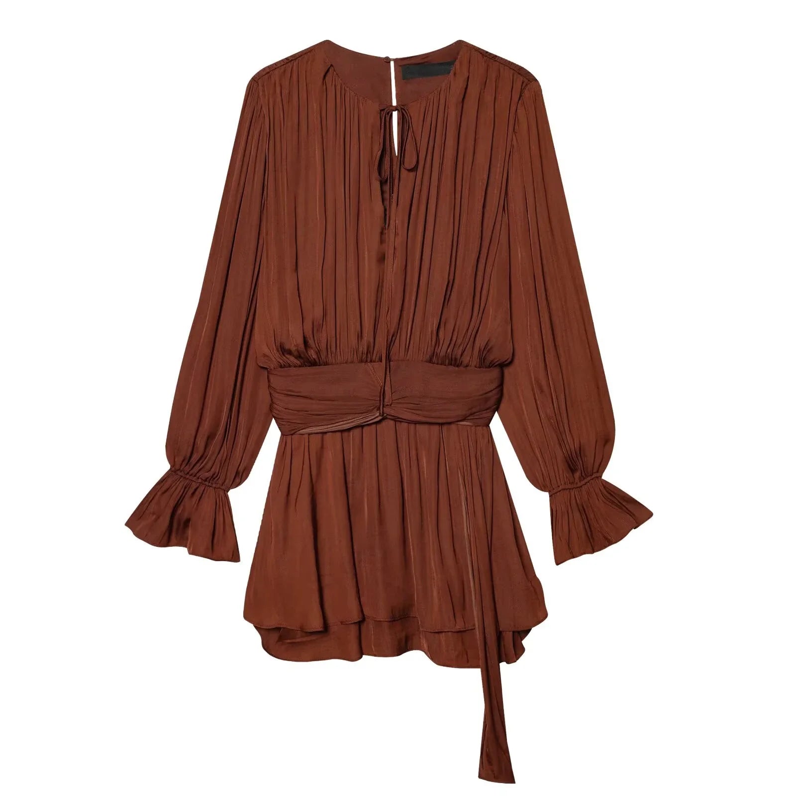 YENKYE New 2026 Women Pleated Satin Mini Dress Long Sleeve Spring Vestidos Casual Outings