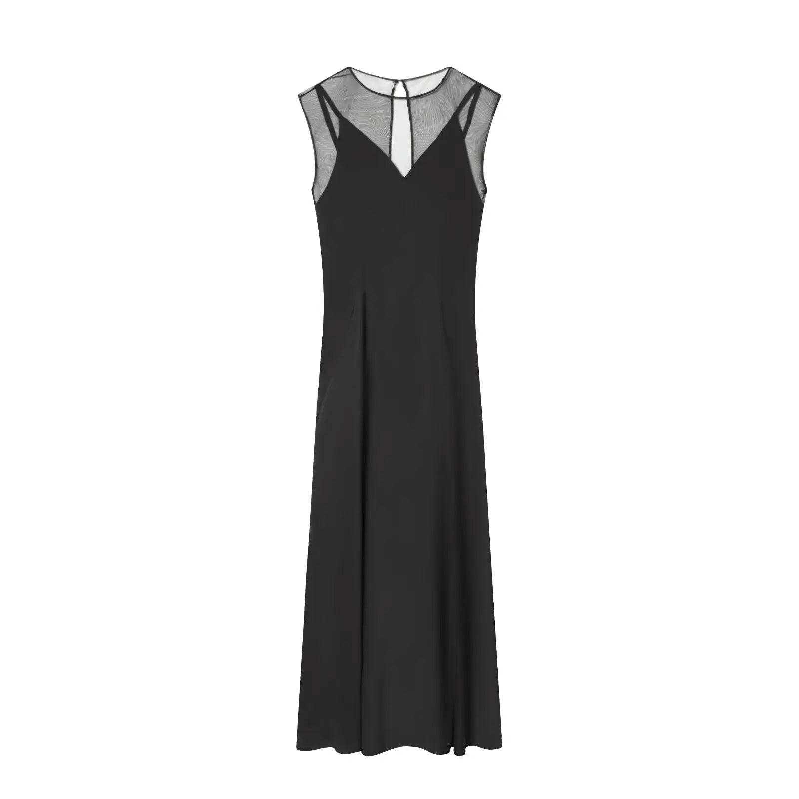 YENKYE Sexy Semi-Sheer Elegant Black Long Dress Women O Neck Sleeveless A-line Party Maxi Vestidos