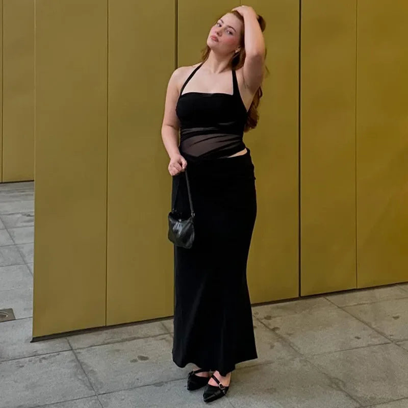 Cryptographic Elegant Halter Sexy Mesh Sheer Cut Out Maxi Dress Club Party Long Dresses Outfits Asymmetrical Ruched Gown Summer