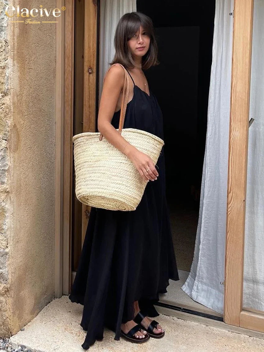 Clacive Summer Loose Black Women'S Dress 2023 Fashion Strap Sleeveless Ankle-Length Dresses Elegant Backless Female Sundress