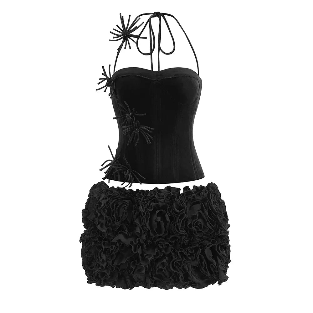 VC Structured Flowers Skirt Two Piece Set Halter Floral Black Red Corset Top With Mini Skirt Lace-up Suit Celebrity Party Wear