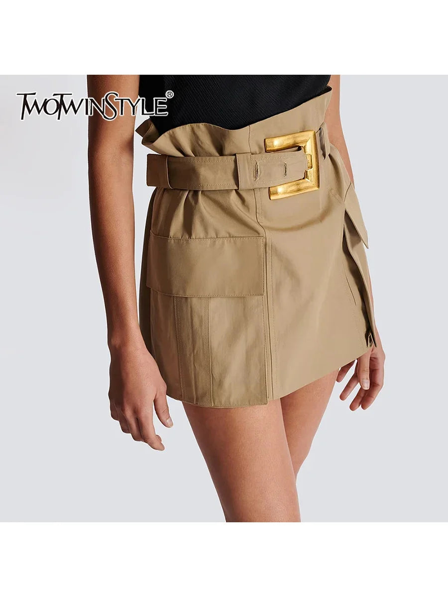 TWOTWINSTYLE Solid Spliced Belt Temperament Skirts for Women High Waist Patchwork Pockets Design Sense Skirt Female Clothing New
