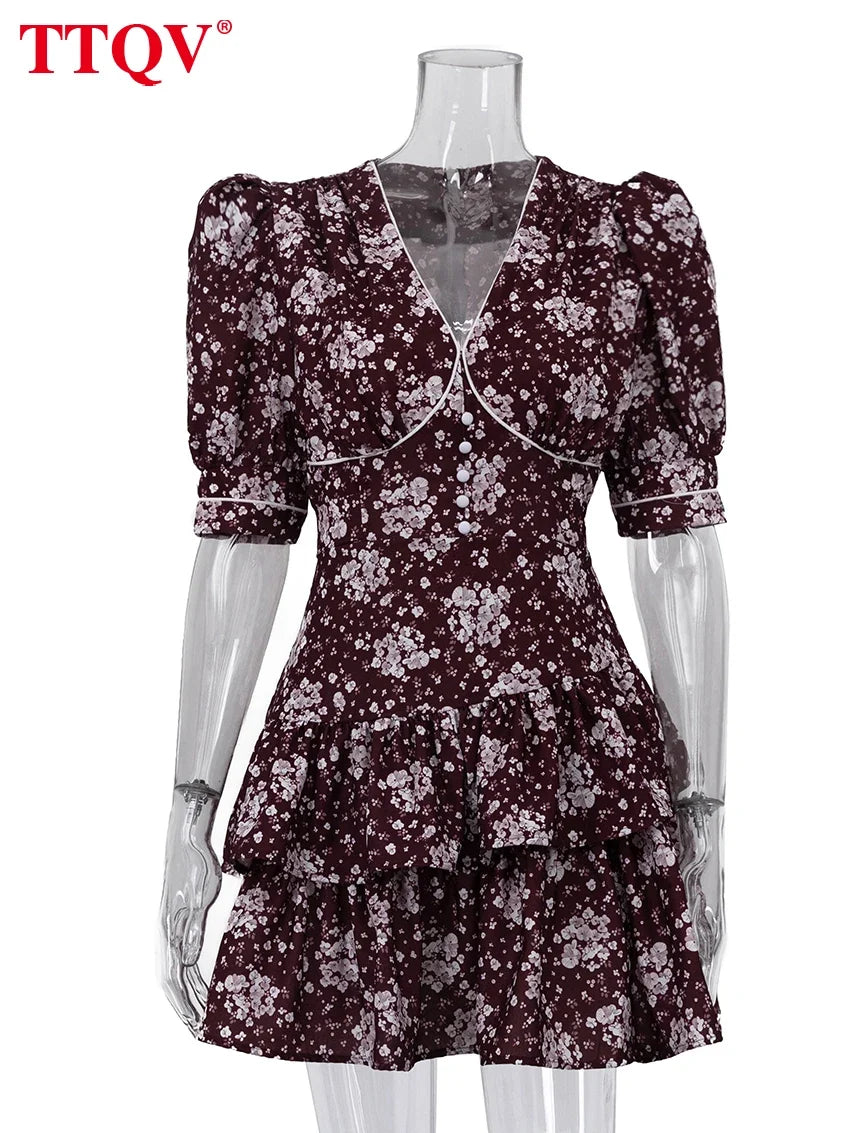 TTQV Summer Slim Print Women's Dress 2026 Sexy V-Neck Short Sleeve Mini Dresses Elegant Classic Pleated Female Dress Streetwear