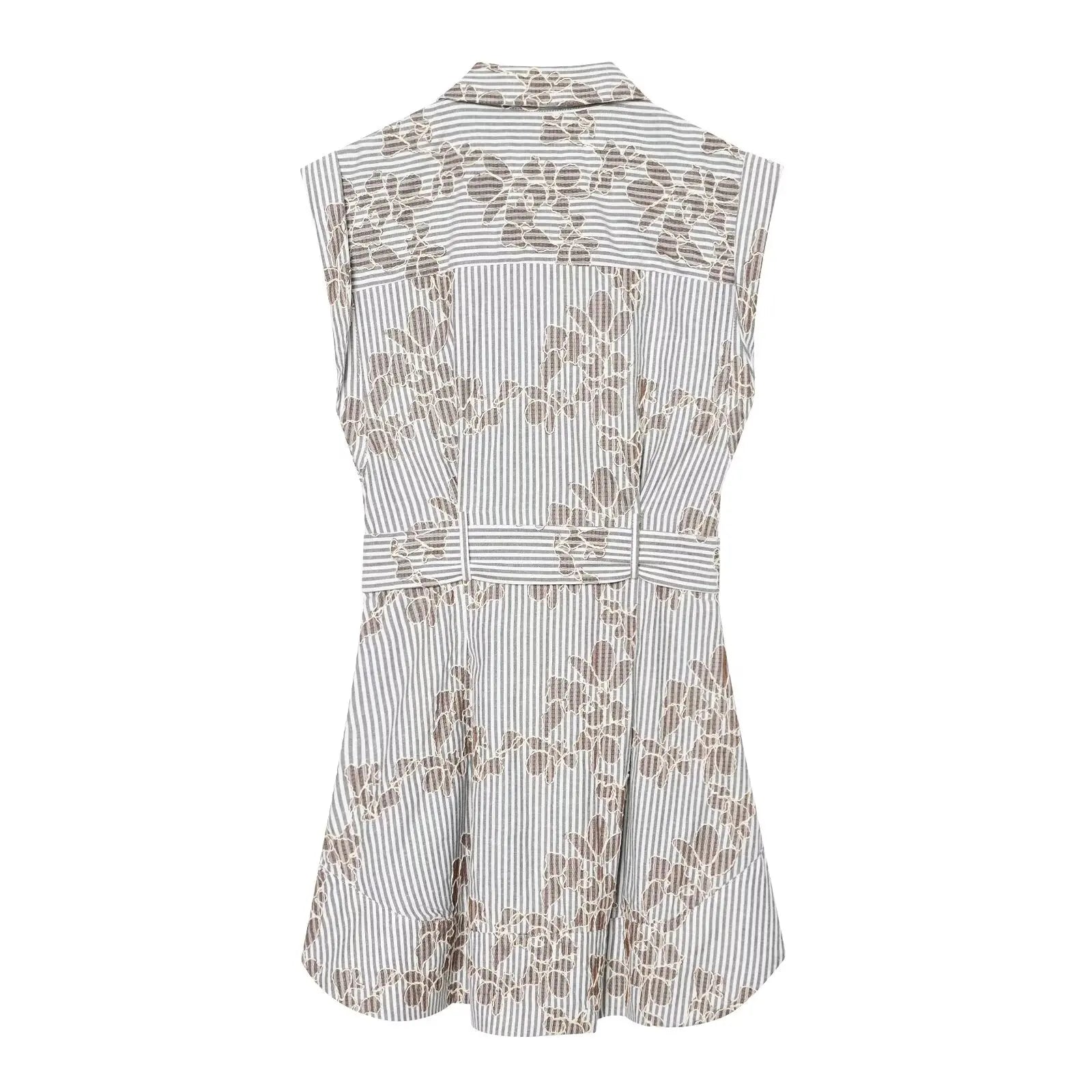 YENKYE 2026 Women Embroidery Striped Short Dress Sleeveless Front Button With Belt Shirt Dresses Office Casual Summer Vestidos