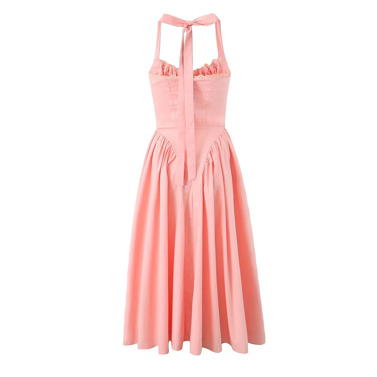 2024 Sexy Pink Corset Style Bow Halter Dress Spliced Lace Drawstring Rope Chest Pleated Slim Low Waist A-lined Swing Midi Robe
