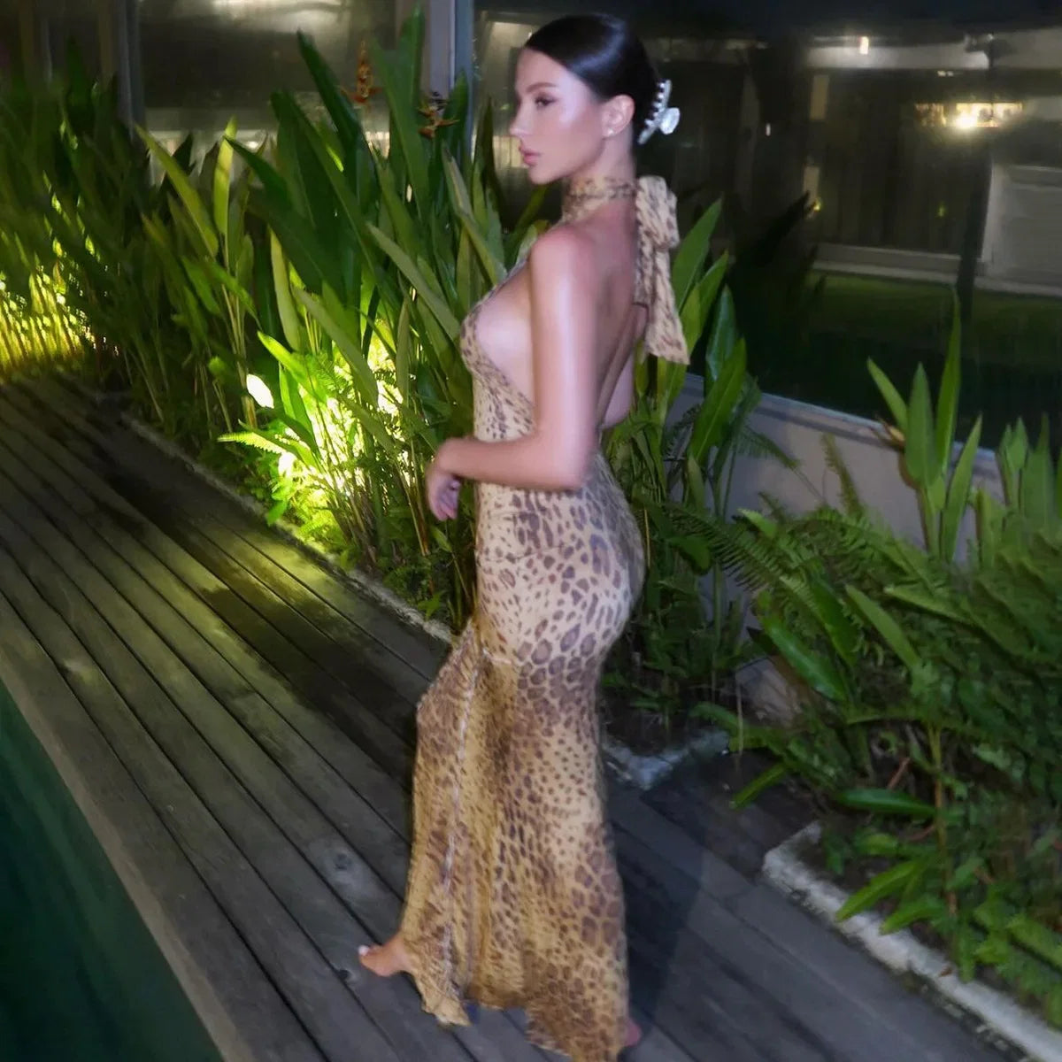 Cryptographic Fashion Halter Leopard Sexy Backless Maxi Dress Women Club Outfits Bandage Embellished Long Dresses Robe Clothes