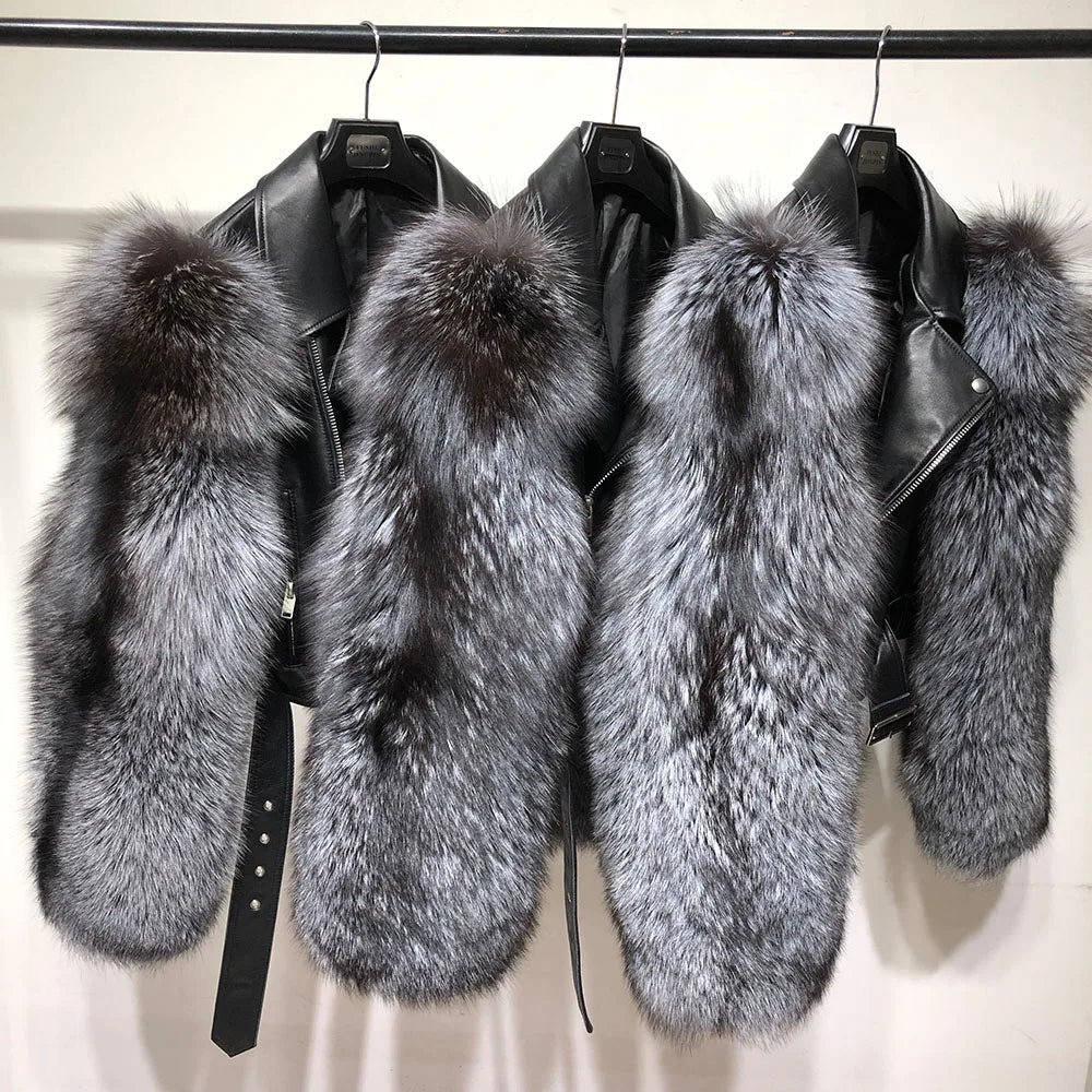 Women Leather Jacket Fur Sleeve Lady Jackets Leather Fur Fox Sleeve Ladies Biker Jacket Leather with Real Fur Sleeve 952-36