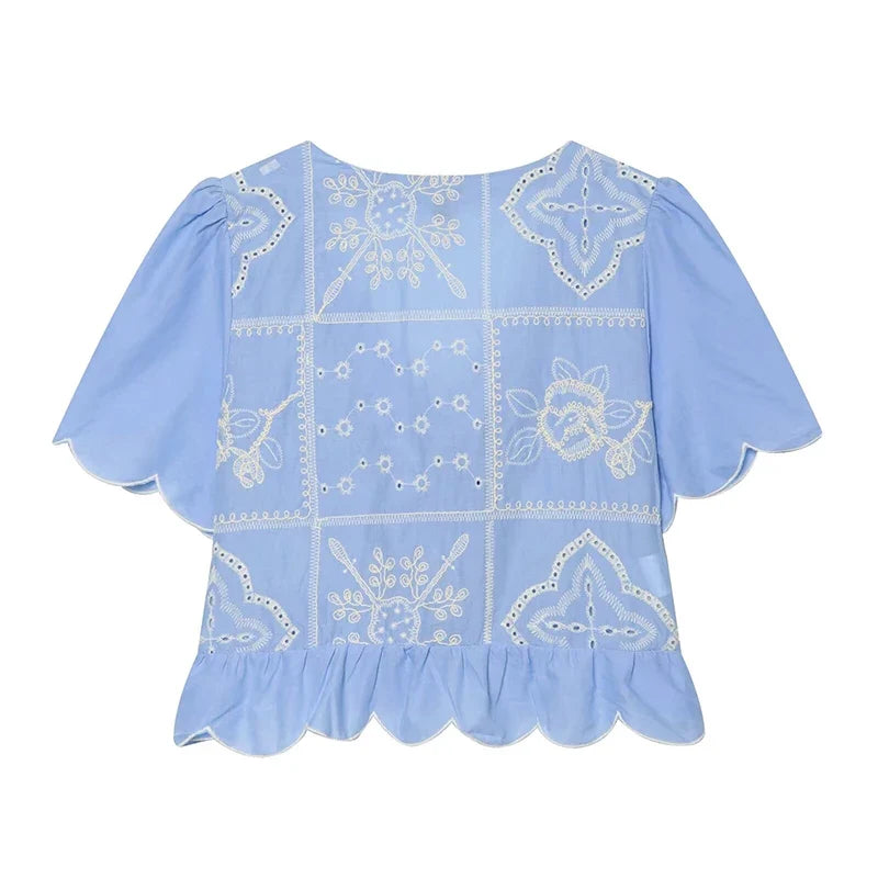 YENKYE 2026 Women Blue Hollow Out Embroidered Crop Shirt V-Neck Tie Front Short Sleeve Blouse Casual Summer Boho Tops