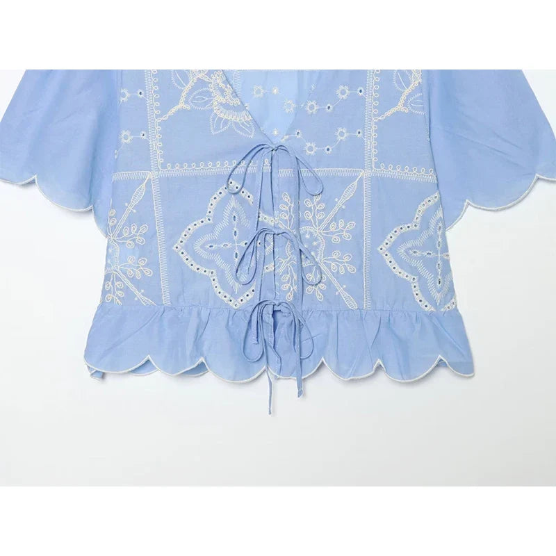 YENKYE 2026 Women Blue Hollow Out Embroidered Crop Shirt V-Neck Tie Front Short Sleeve Blouse Casual Summer Boho Tops