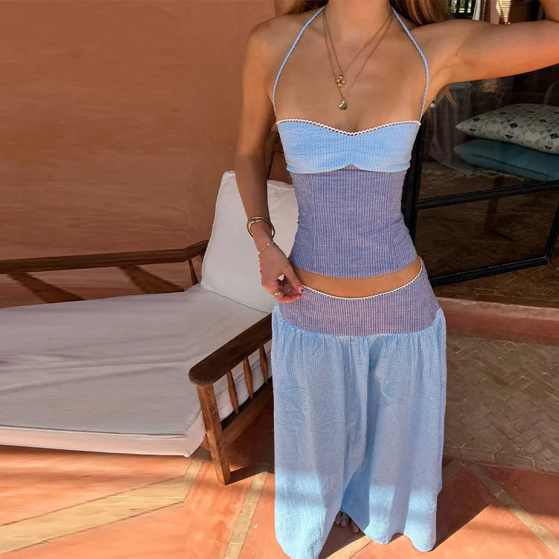 Sexy Sequins Cropped Top Long Skirt Sets Women Sleeveless Backless Lace Up Tank Slim Skirts 2026 Summer Beach Vacation Outfits