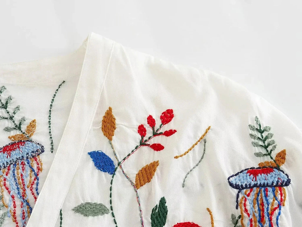 Foridol Marine Organism Embroidery Batwing Sleeve Summer Spring Maxi Skirt Set Cotton White Tassle Dress Set Outfits Button Suit