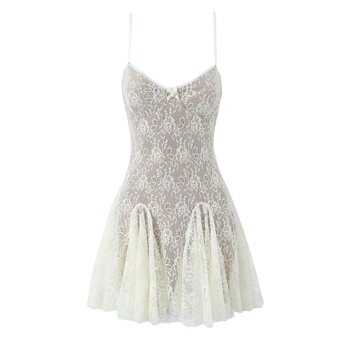 YENKYE New Fashion Women Spaghetti Straps Lace Sexy Dresses Black Beige Backless Hollow Out A-line Mini Dress Night Out Robe