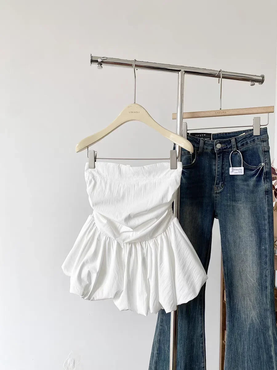 Ruffle Peplum Tube Cami Top: Waist-Cinching Sleeveless Crop Top Korean Style Chic Summer 2025 Bandeau For Petite Girl