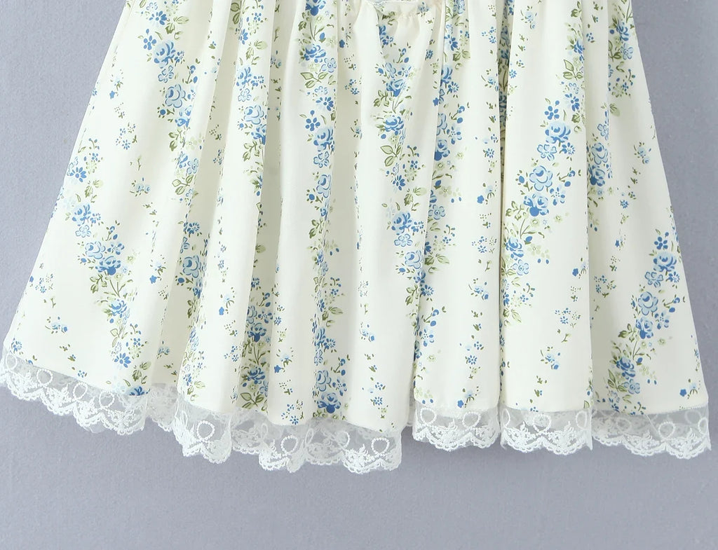2025 Sexy Floral Print Spliced Lace Collar Corset style Lacing up Sling Dress Women Wood ears Low Waist Swing Mini Dresses Robe