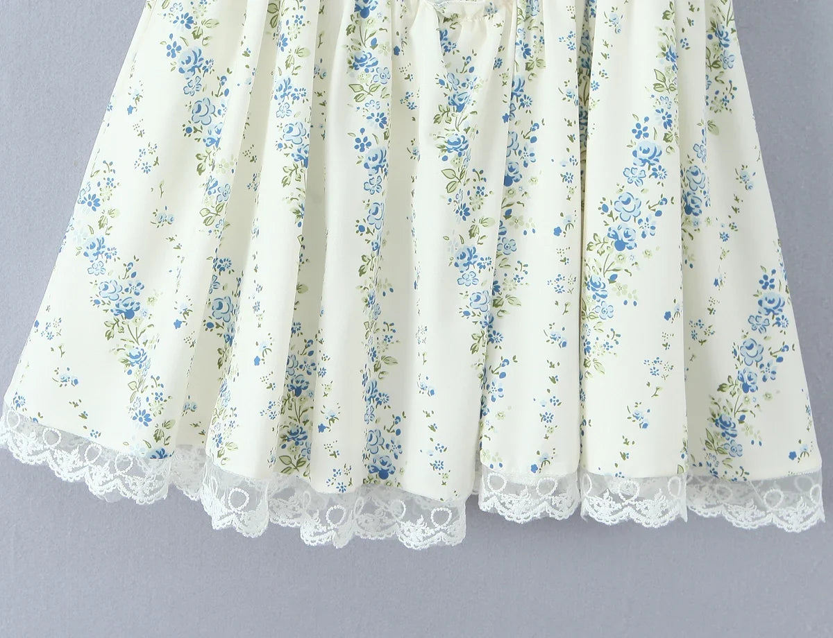 2025 Sexy Floral Print Spliced Lace Collar Corset style Lacing up Sling Dress Women Wood ears Low Waist Swing Mini Dresses Robe