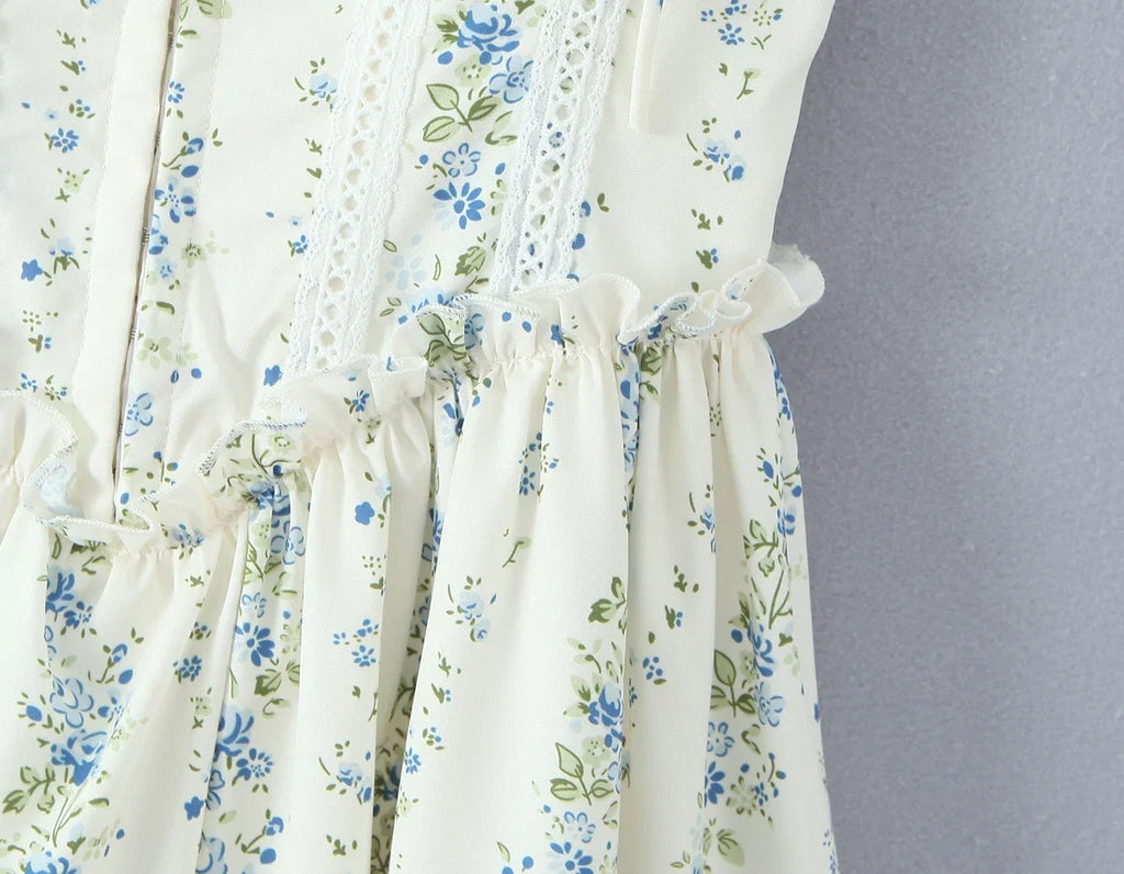 2025 Sexy Floral Print Spliced Lace Collar Corset style Lacing up Sling Dress Women Wood ears Low Waist Swing Mini Dresses Robe