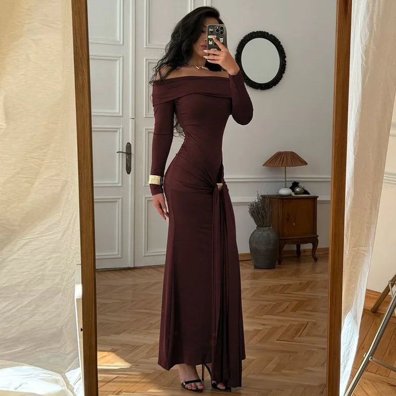 Cryptographic Elegant Off Shoulder Ruched Maxi Dress Women Party Club Outfits Autumn Long Sleeve Bodycon Dresses Gown Clothes
