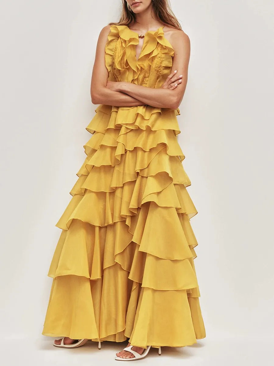 TWOTWINSTYLE Fashion Spliced Ruffles Elegant Long Dresses for Women O Neck Sleeveless High Waist Patchwork Fungus Dress Female