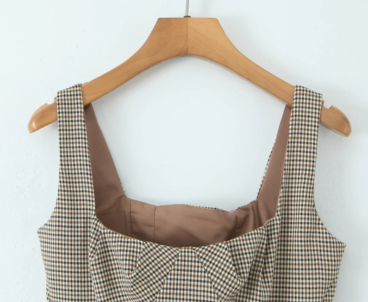 YENKYE 2025 Women Versatile Slim Brown Plaid Tight Corset Top Lacing Up Bandage Back High Street Summer Tank Top