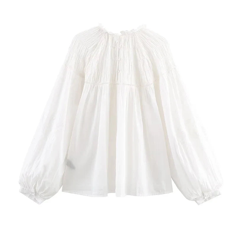 YENKYE Romantic Honeycomb Smocked White Blouse Women Lantern Sleeve Round Neck Casual Spring 2026 Tops