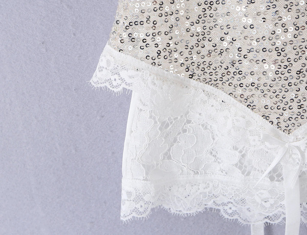 2026 Summer Women White Spliced Silver Sequins Mini Skirt Package Hips 2 Layers Rope Hem Short Skirts Femme Bottom