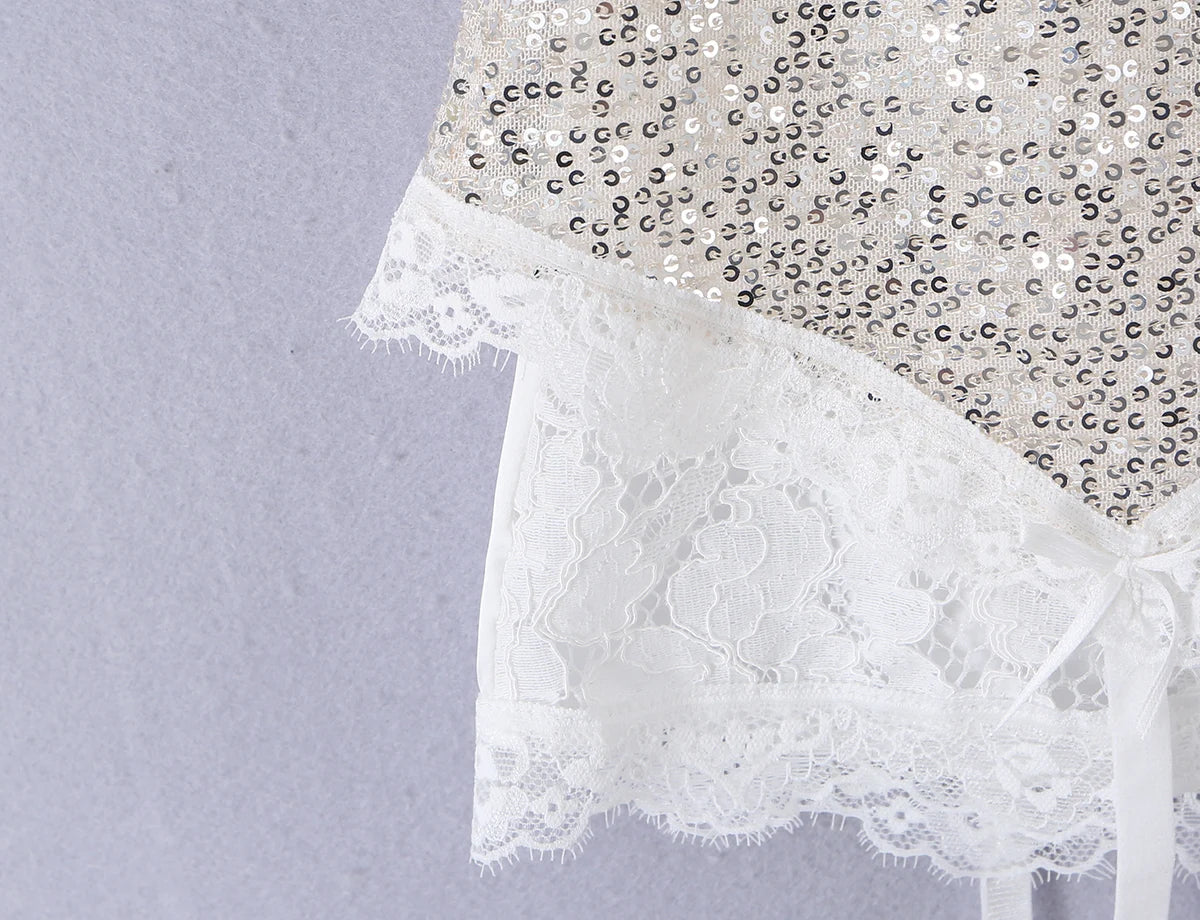 2026 Summer Women White Spliced Silver Sequins Mini Skirt Package Hips 2 Layers Rope Hem Short Skirts Femme Bottom