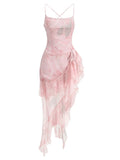 Summer Sexy Spaghetti Strap Printed Ruffles Long Dress Women Pink Sleeveless Backless Flower Dresses Holiday Party Sundress