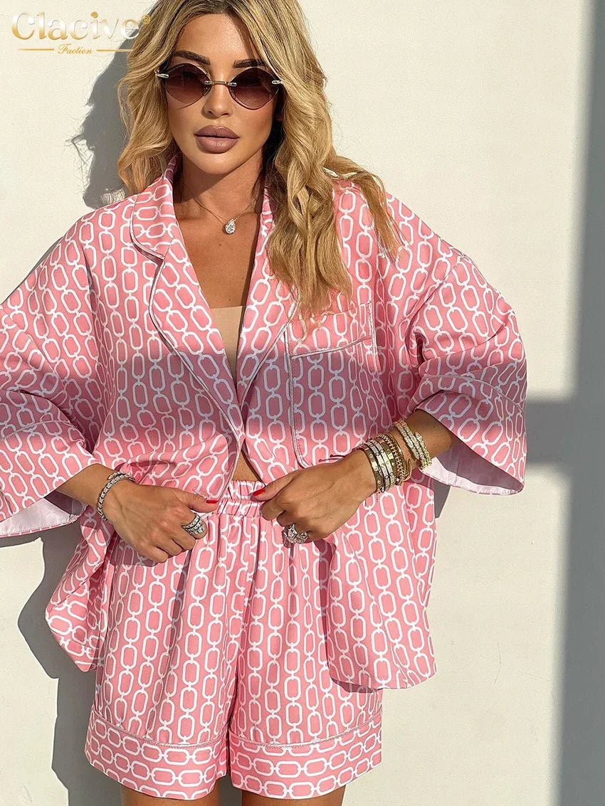 Clacive Fashion Loose Print 2 Piece Sets Women Outfit 2024 Casual Long Sleeve Shirt With High Waist Shorts Set Female Homewear