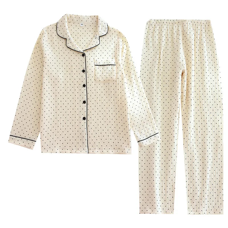100% Cotton Gauze Women Pajamas Polka Dot Print Sleepwear 2025 Spring Female 2 Piece Set Nightwear Lady Pyjamas Loungewear