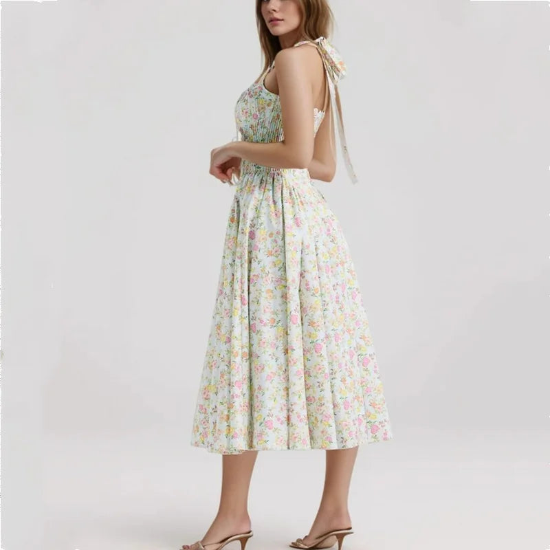 2024 Sexy Pink Corset Style Bow Halter Dress Spliced Lace Drawstring Rope Chest Pleated Slim Low Waist A-lined Swing Midi Robe