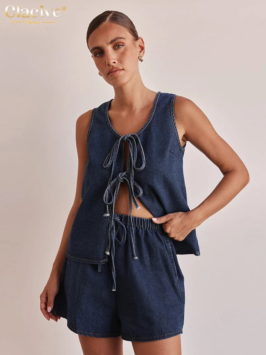 Clacive Summer Loose Blue Denim 2 Piece Sets Women Outfit 2025 Fashion Sleeveless Tank Top With High Waist Shorts Set Streetwear