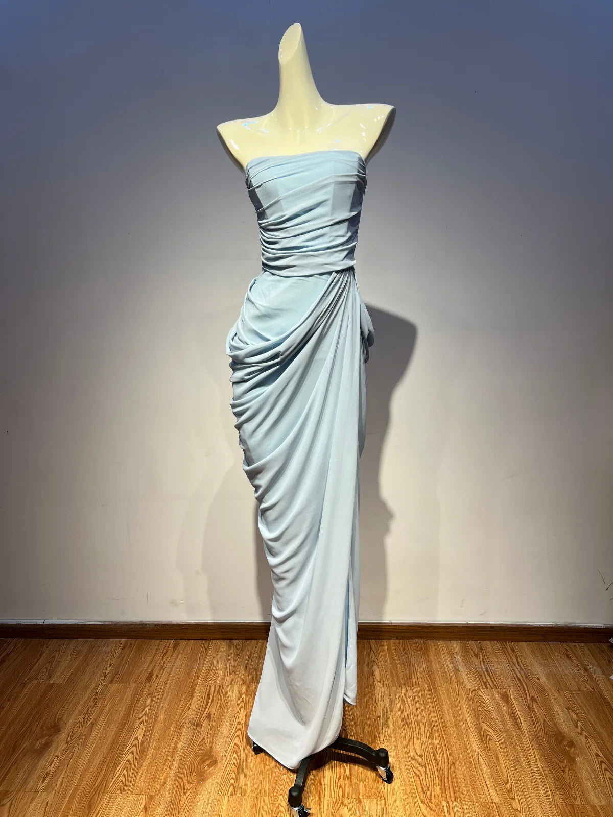VC Elegant Blue Strapless Pleated Ruched Maxi Dress for Women Sexy High Split Bodycon Evening Gown Party Cocktail Dress vestidos