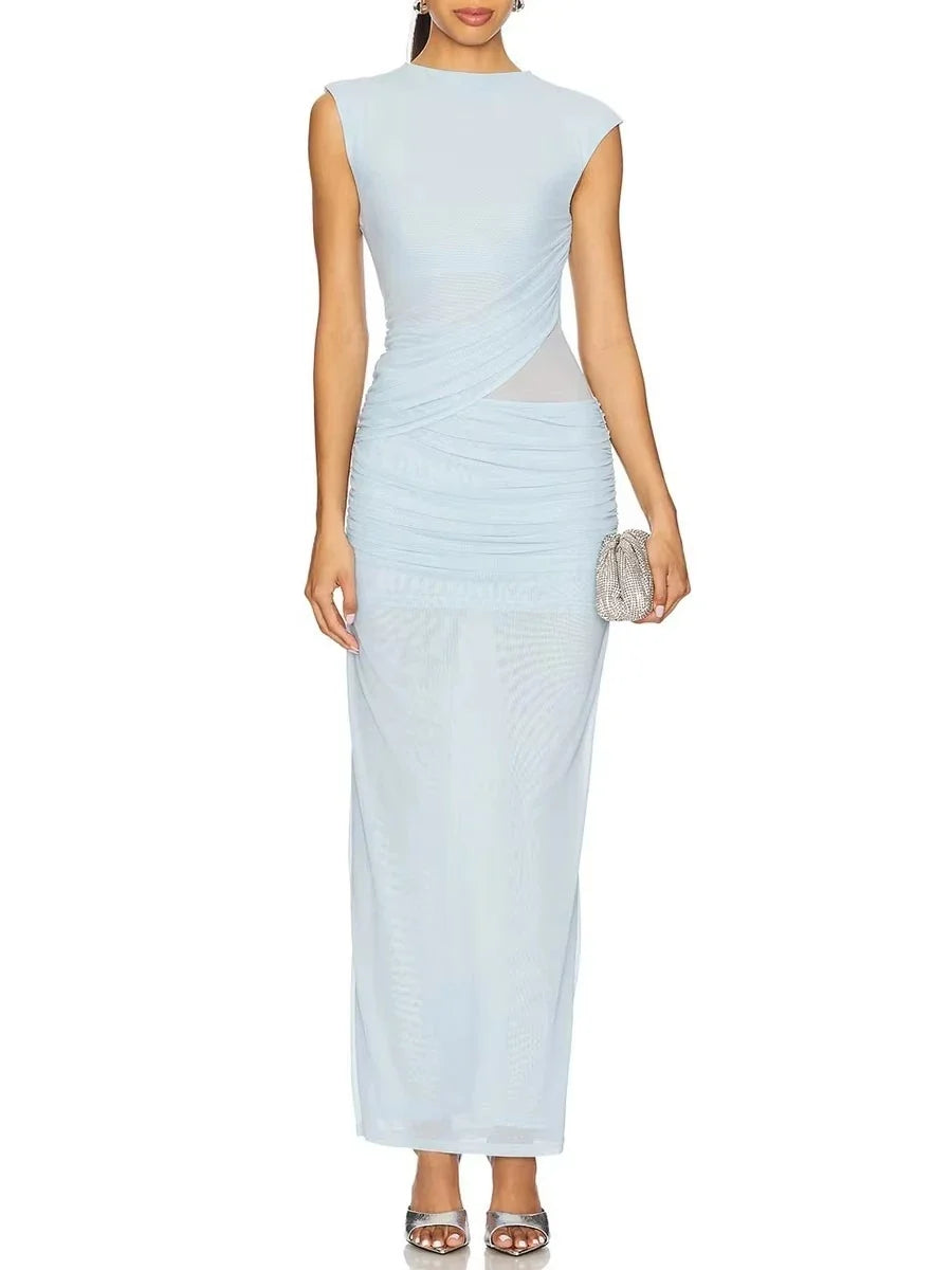 CHICEVER Solid Spliced Folds Chic Dress Female O Neck Sleeveless Slimming Intellectual Temperament Women's Dresses Summer Style
