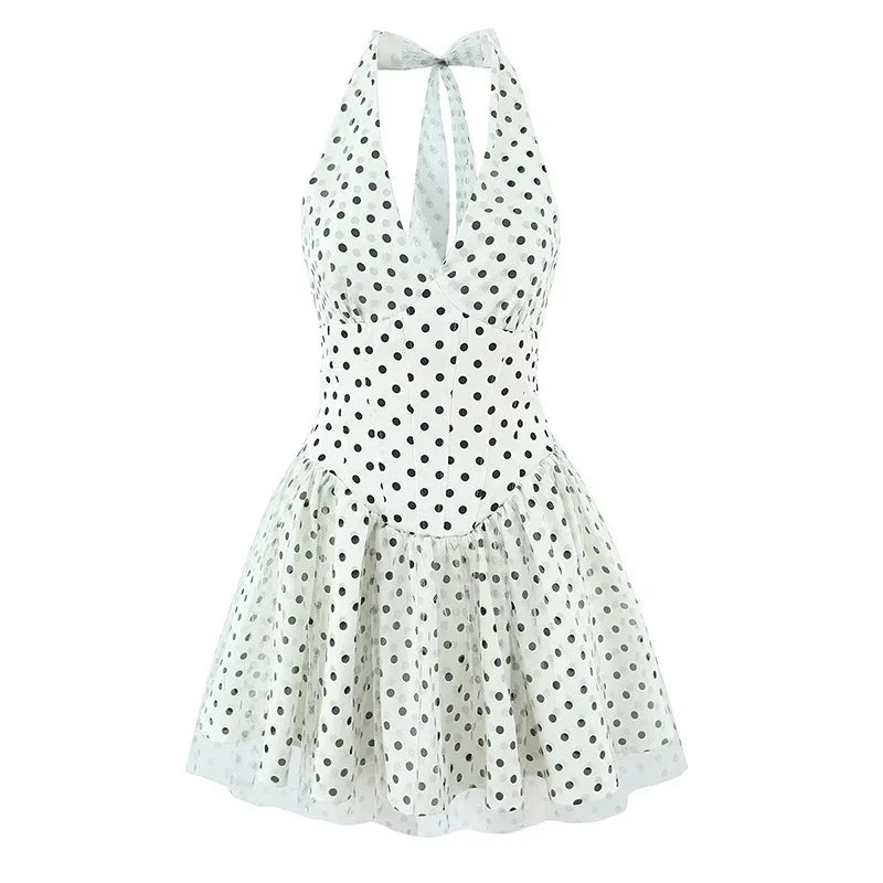 YENKYE Summer 2026 Women White Polka Dot Mini Dress Sexy Backless Halter Mesh Hem Beach Vacation Dresses French Style Robe