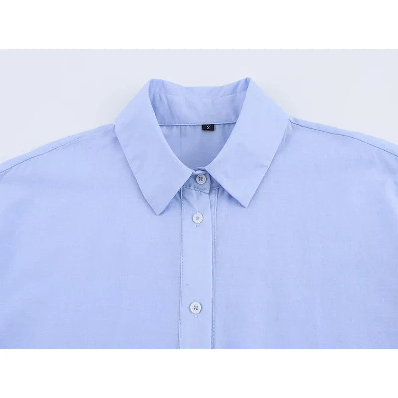 YENKYE Spring 2025 Women Hollow Out Embroidery Blue Shirt Front Button Lapel Collar Loose Blouse Streetwear Blusas Mujer