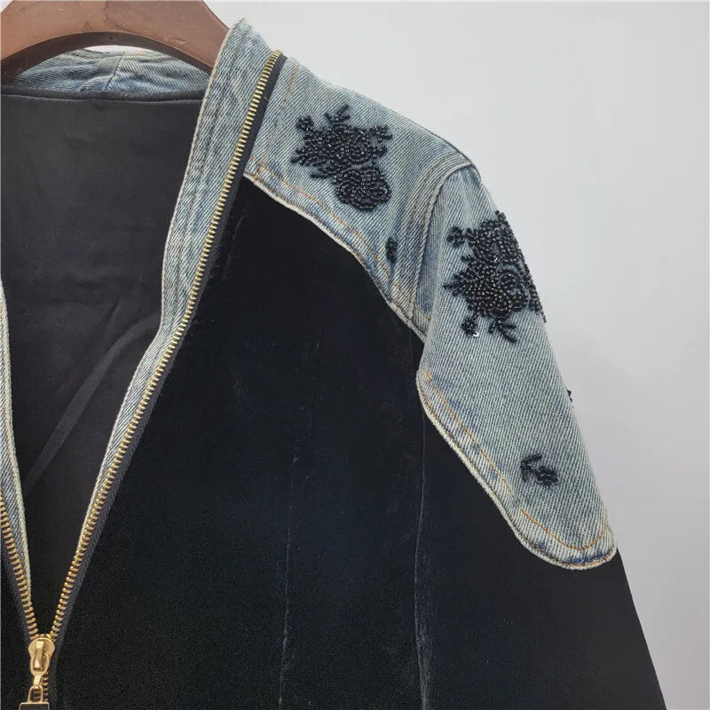 DEAT Women's Coat Patchwork Zipper Denim Velvet Beading Long Sleeve Loose Vintage Jackets 2026 Autumn New Fashion 29A3480