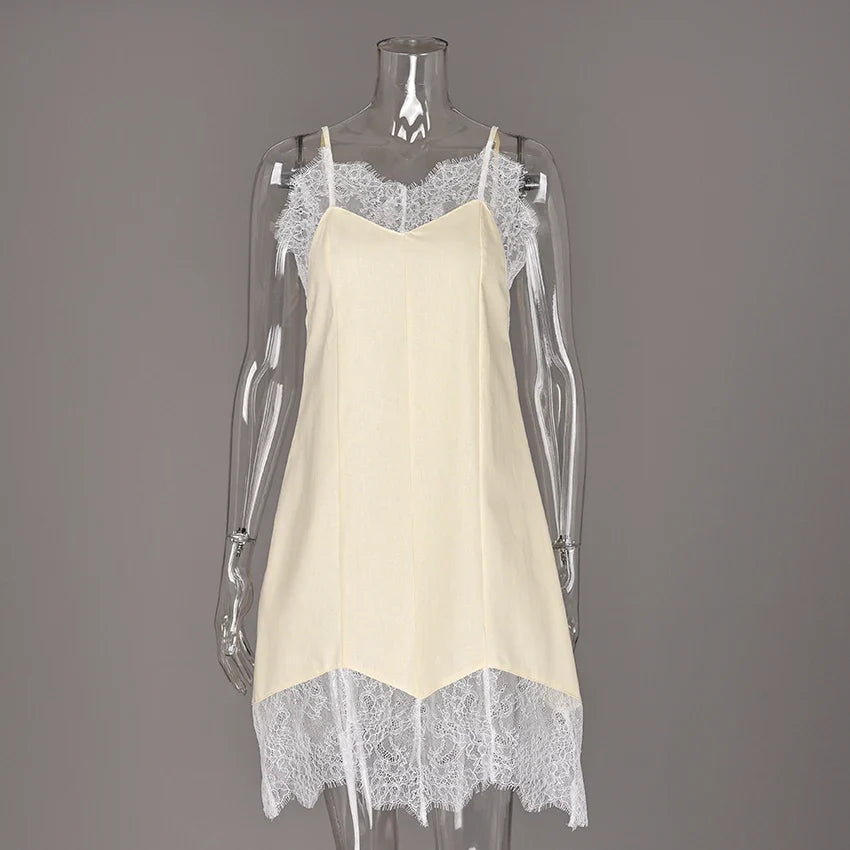 Linad Sexy Lace Spaghetti Strap Short Dress Summer Street Chic Cotton Straight Dresses Women Casual Sleeveless Dress Female 2025