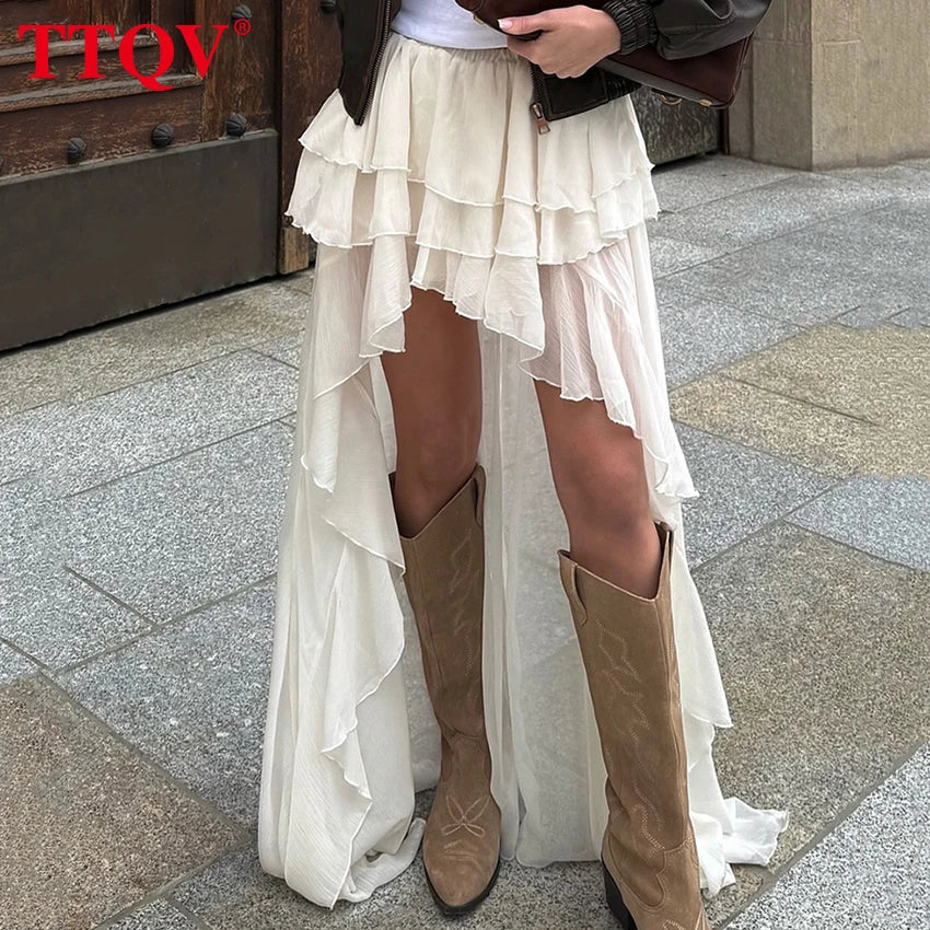 TTQV Casual Apricot Loose Skirts For Women Fashion High Waisted Pleated Skirts Elegant Thin Floor-Length Skirt Female Clothing