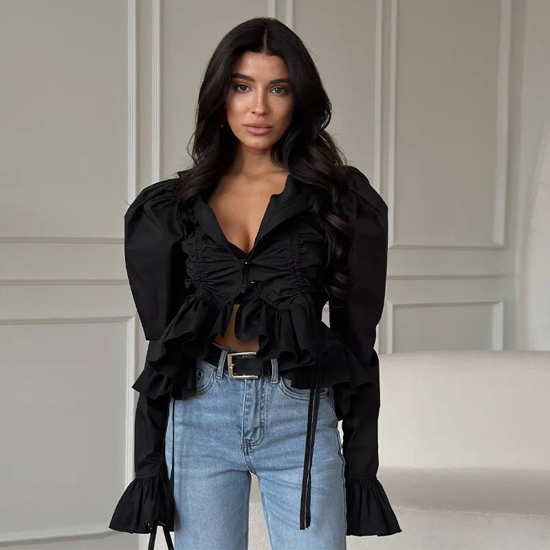 Fashion Street Ruffle Women's Blouse Solid Single Breasted Full Sleeve Pleated Cropped Shirt Lady New Casual Spring Clothing