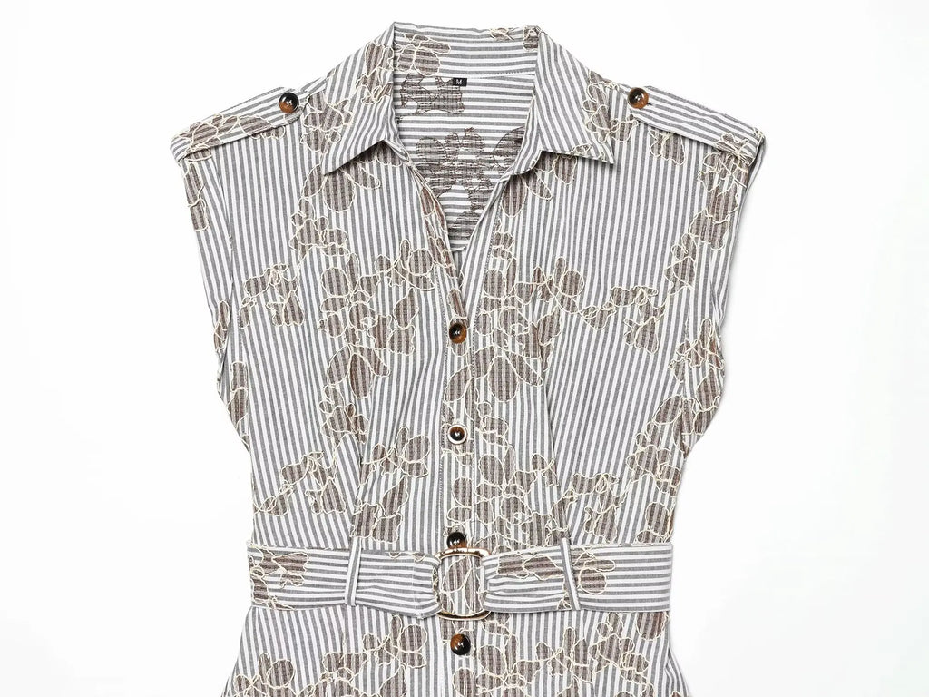 YENKYE 2026 Women Embroidery Striped Short Dress Sleeveless Front Button With Belt Shirt Dresses Office Casual Summer Vestidos