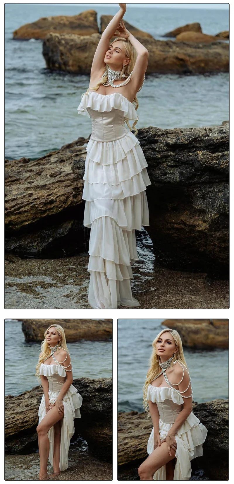 VC Sets For Women 2 Pieces Elegant And Pretty Lace-Up Corset And Slash Neck Long Cake Dress Set Chiffon Female Clothing