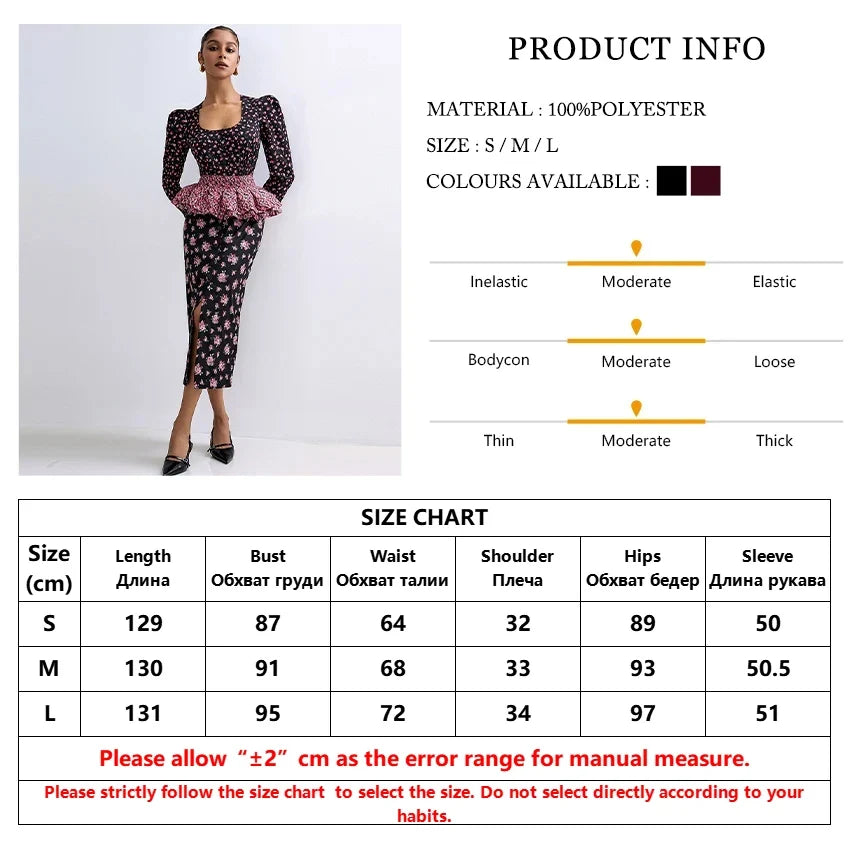 Clacive Fashion Loose Print Dresses Sets For Women 2 Pieces Bodycon U-Neck Long Sleeve High Waist Girdle Midi Slit Dress Set