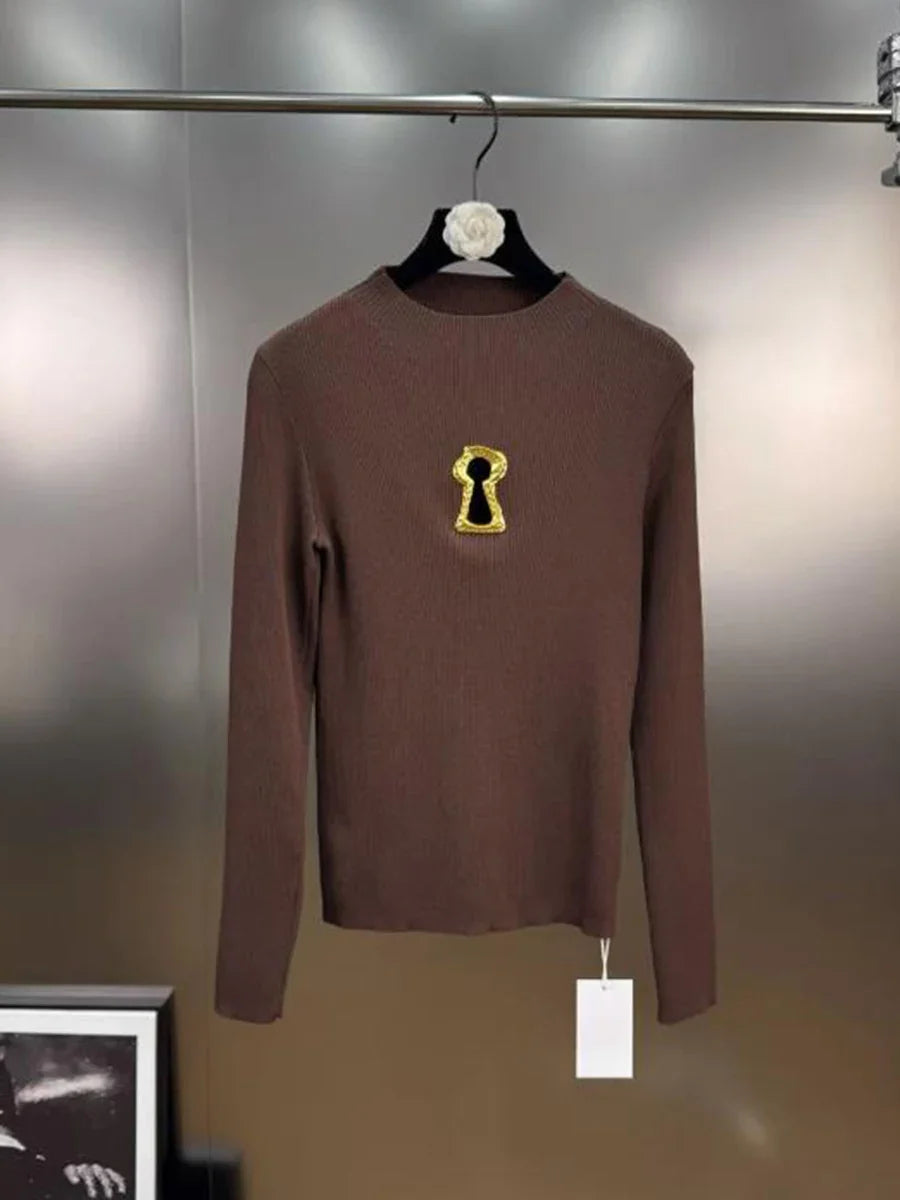 TWOTWINSTYL Solid Slimming Spliced Sequined Basics Sweaters for Women Round Neck Long Sleeves Hollow Out Casual Sweater Female