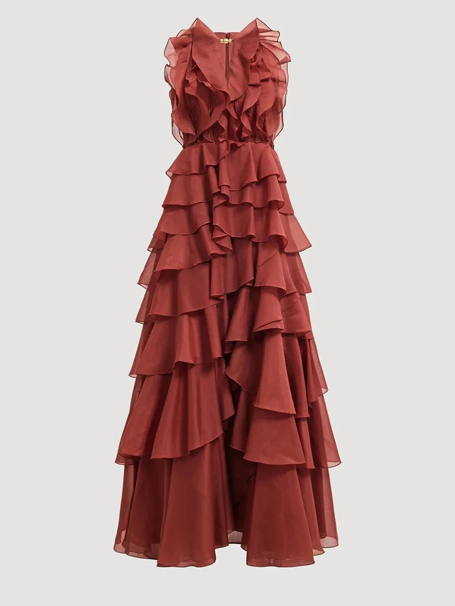 TWOTWINSTYLE Fashion Spliced Ruffles Elegant Long Dresses for Women O Neck Sleeveless High Waist Patchwork Fungus Dress Female