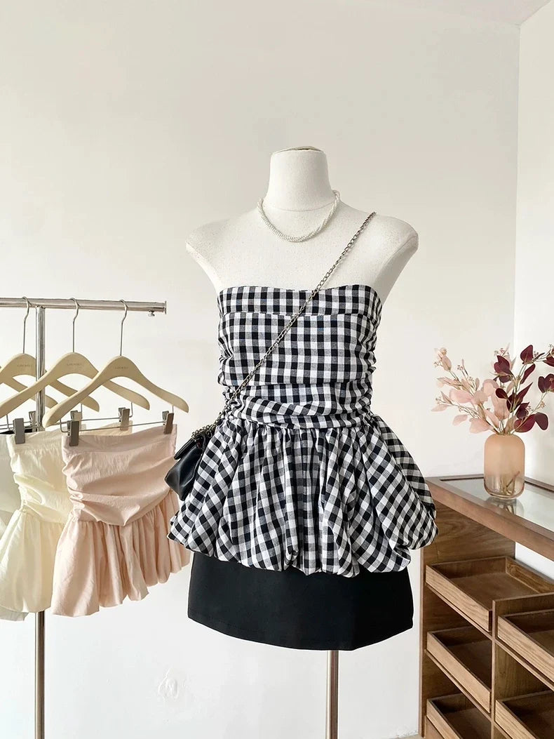 Ruffle Peplum Tube Cami Top: Waist-Cinching Sleeveless Crop Top Korean Style Chic Summer 2025 Bandeau For Petite Girl