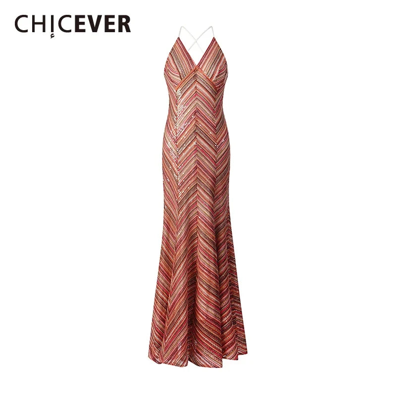 CHICEVER Hit Color Spliced Striped Dress Female Halter Sleeveless Slimming Vacation Travel Women's Dresses Summer Fashion Style